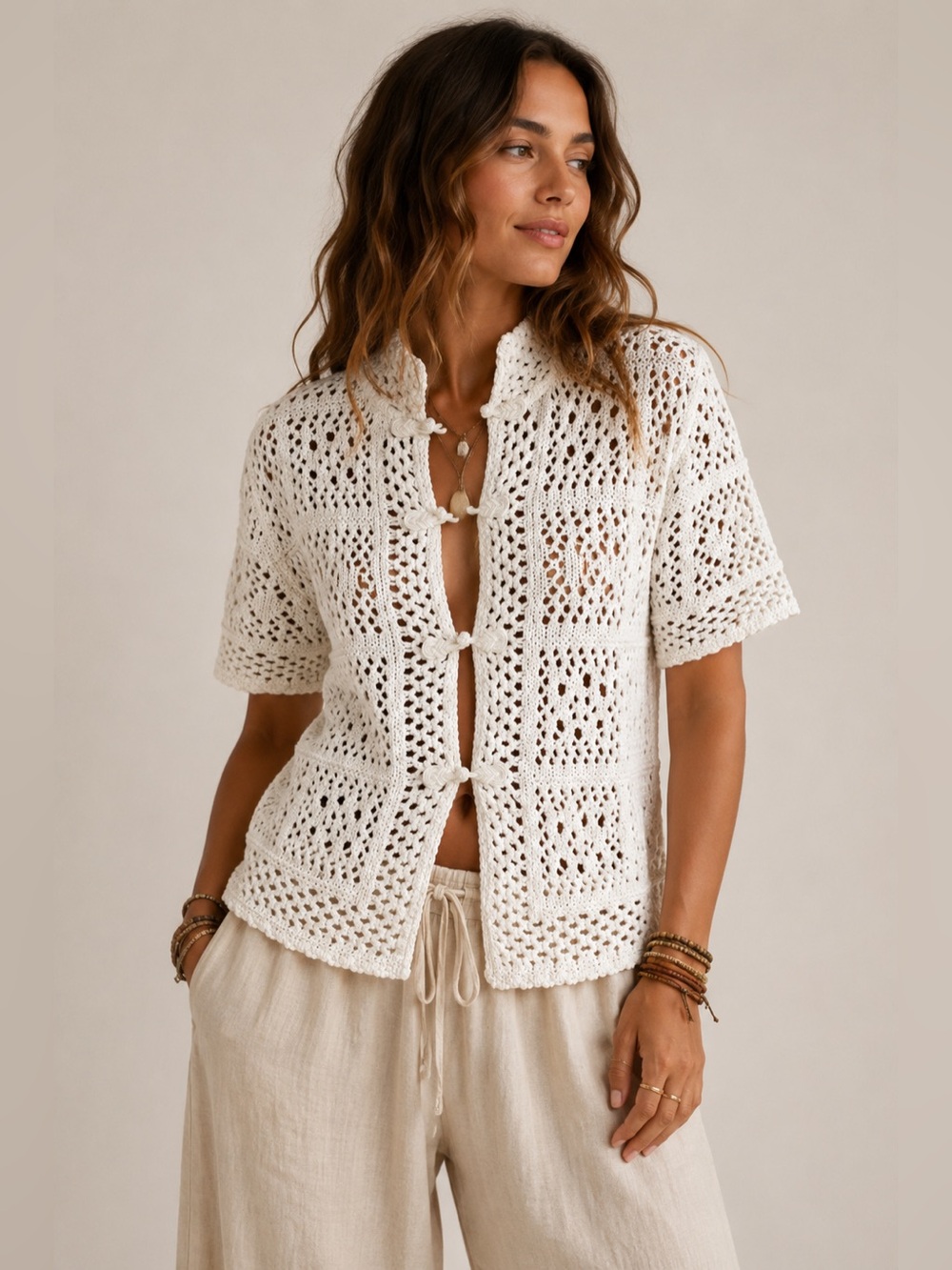 Boho Coastal Open Knit Cotton Short Sleeve Cardigan Frog Closure Minimalist Euro